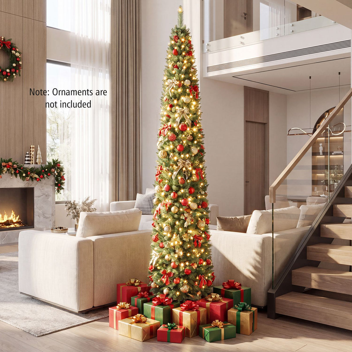 Slim decorated Christmas tree with glowing lights and colorful presents in a bright living room.