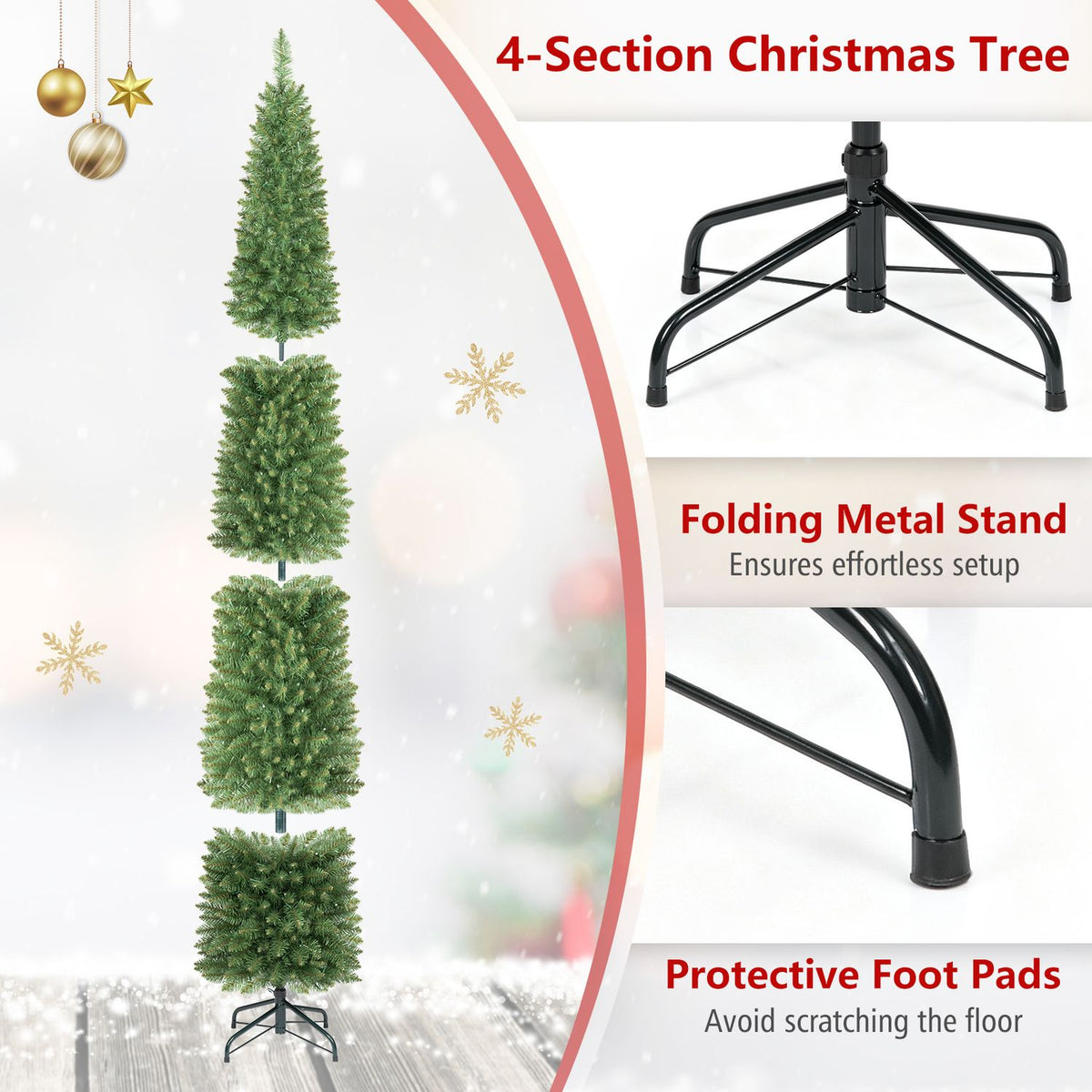Tree shown in four separate sections alongside close views of its folding metal stand and feet.