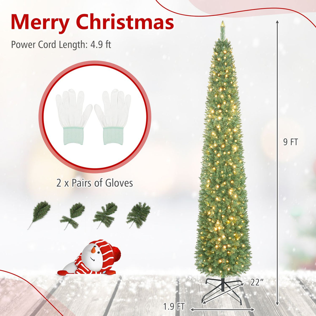 Lit pencil tree shown with its stand, gloves, branch samples, and measurement arrows.