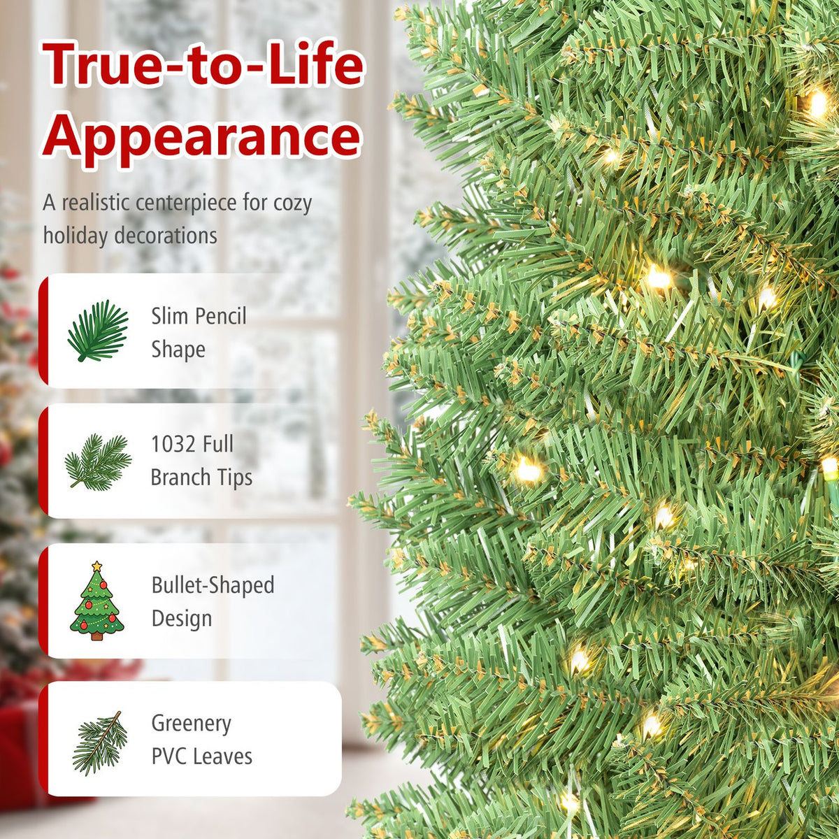 Close-up of dense green tree branches with warm lights beside feature illustrations.