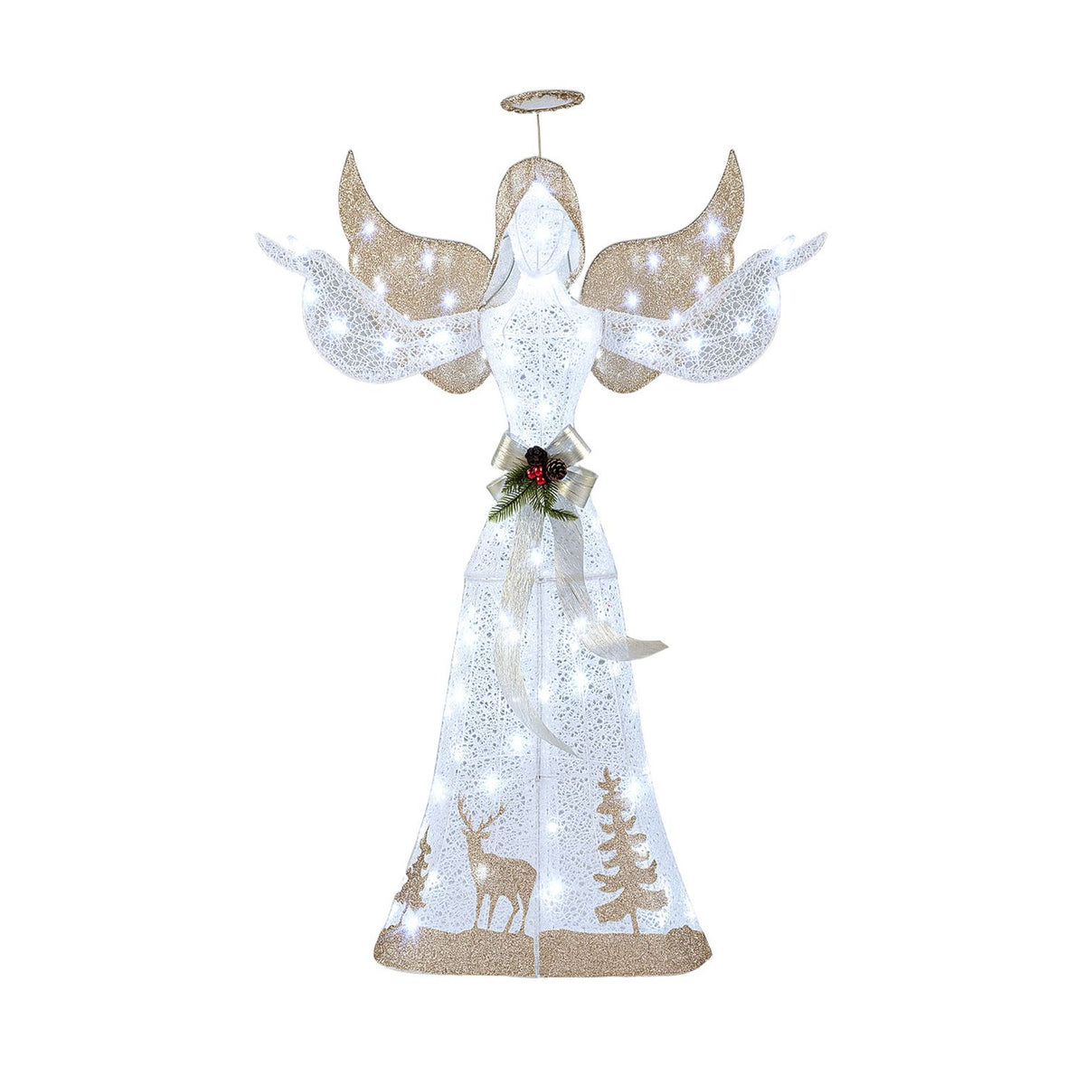 Full view of the illuminated angel on a white background, showing its halo, spread wings and decorated gown.