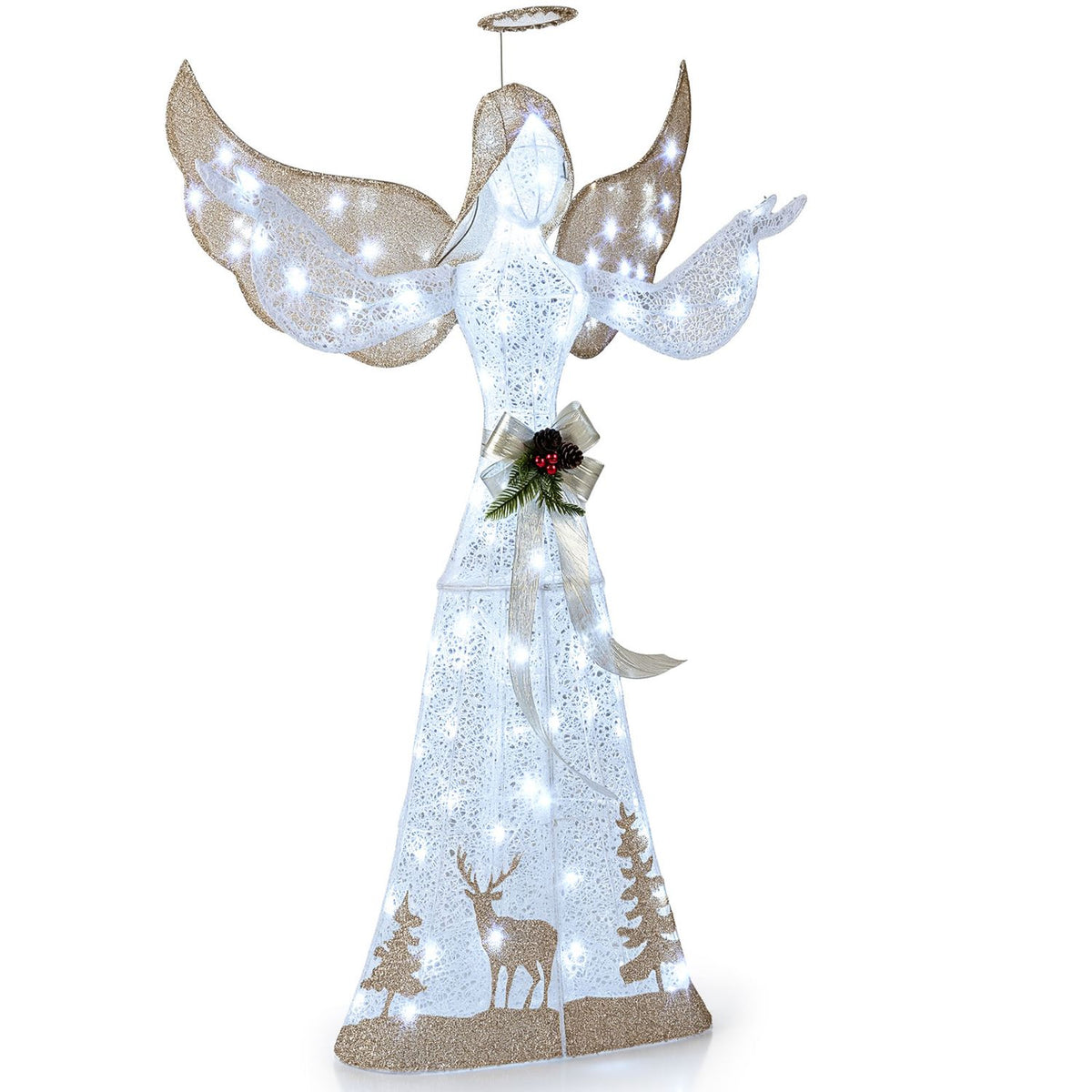 Closer view of the glowing angel’s outstretched wings, waist bow and gold-trimmed gown on white.