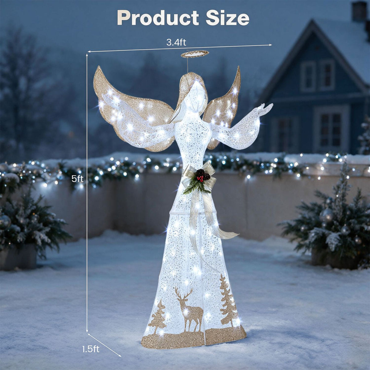 Glowing white angel with gold-glitter wings and skirt, shown with measurement lines in a snowy yard.