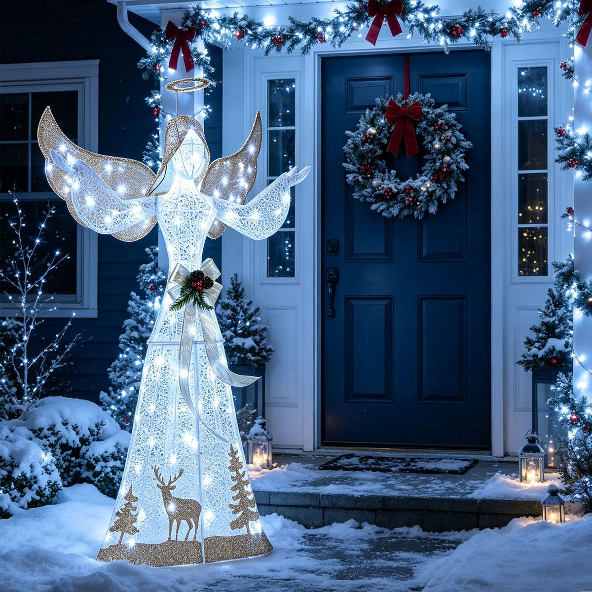 Lit angel with outstretched wings stands beside a decorated front door in the snow.