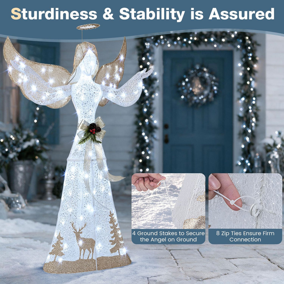 Glowing angel displayed with close-ups of stakes in the snow and a wire connection.