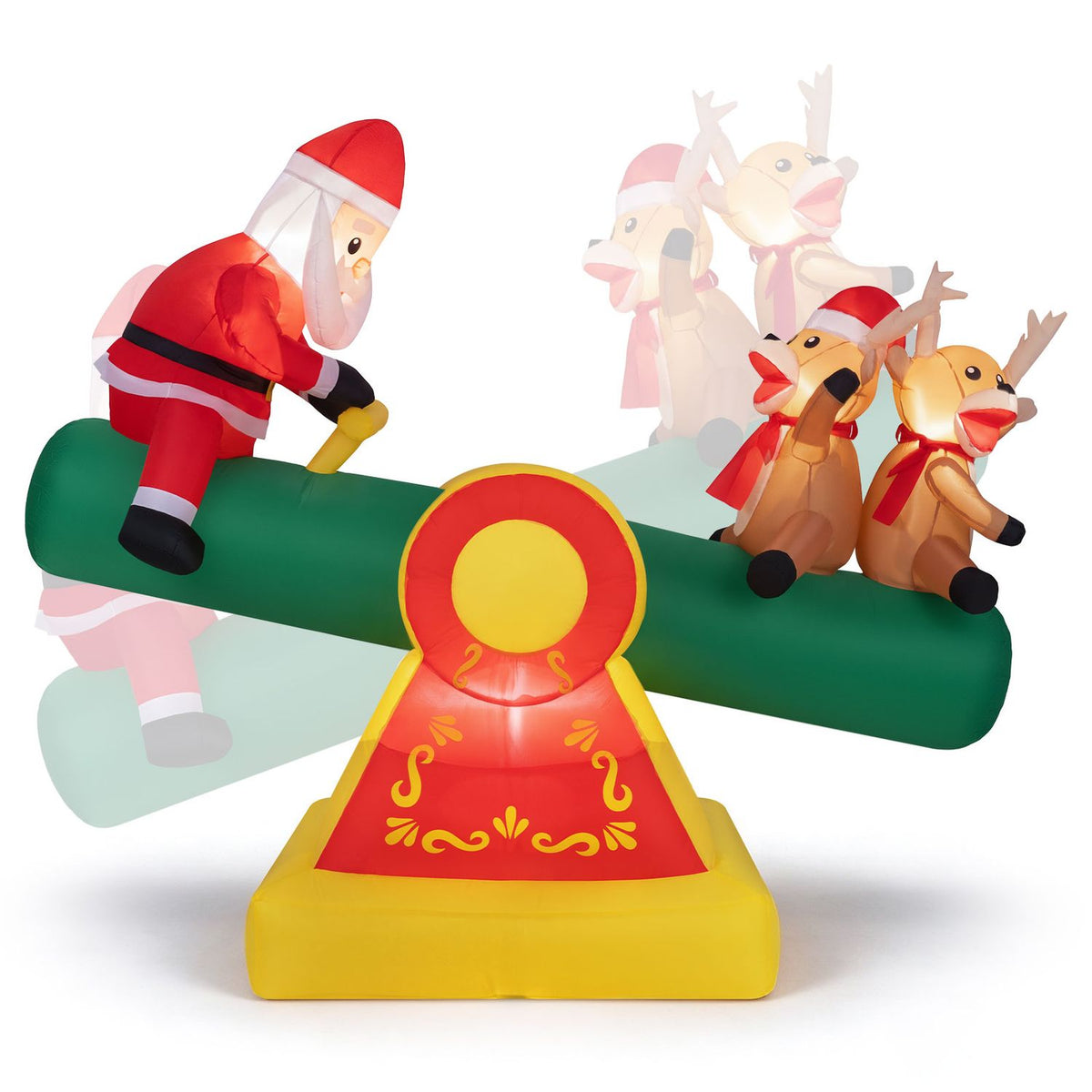 Santa and two reindeer sit on the inflatable teeter-totter, with pale ghosted figures suggesting movement.