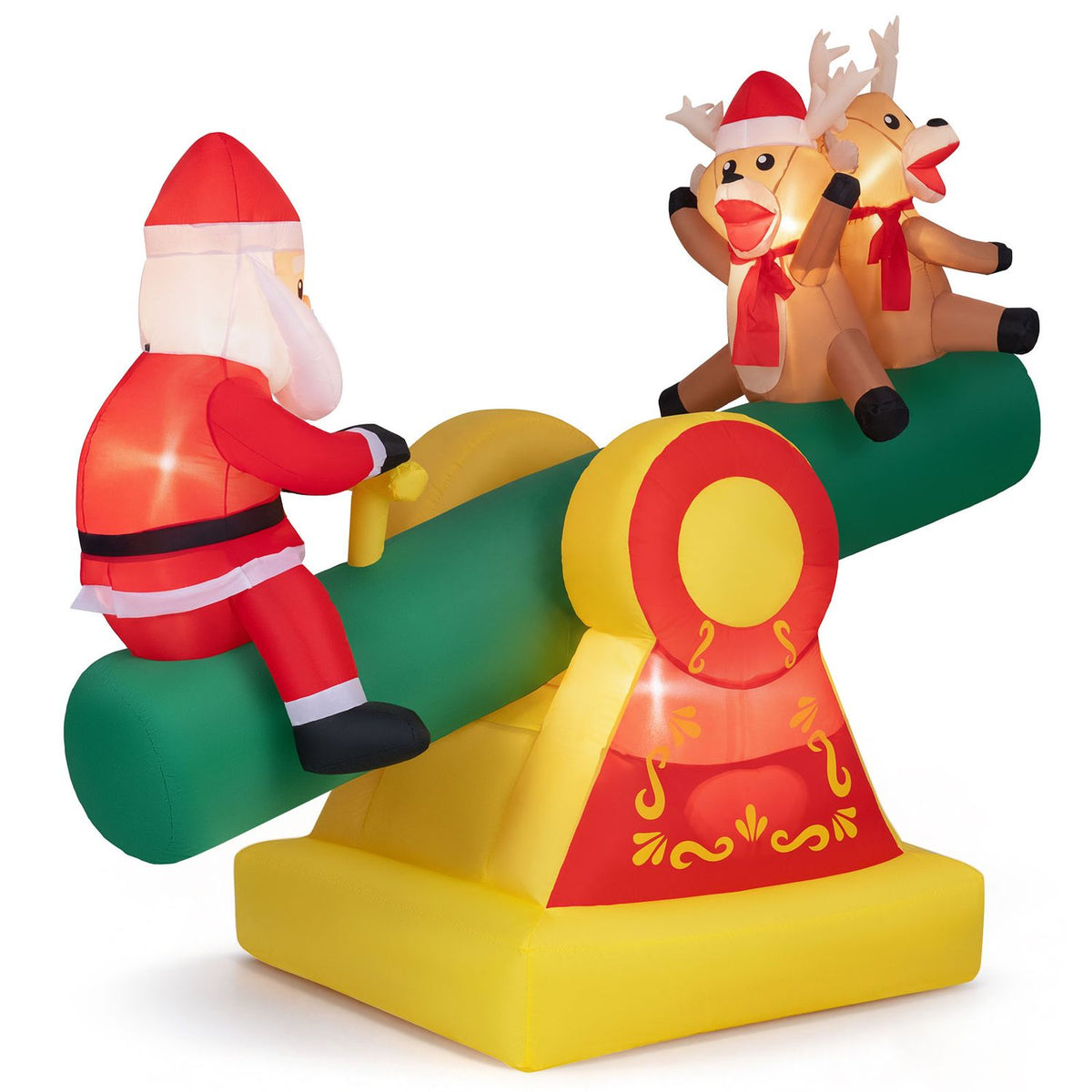 Angled view of the inflatable teeter-totter, with Santa facing the reindeer at the other end.