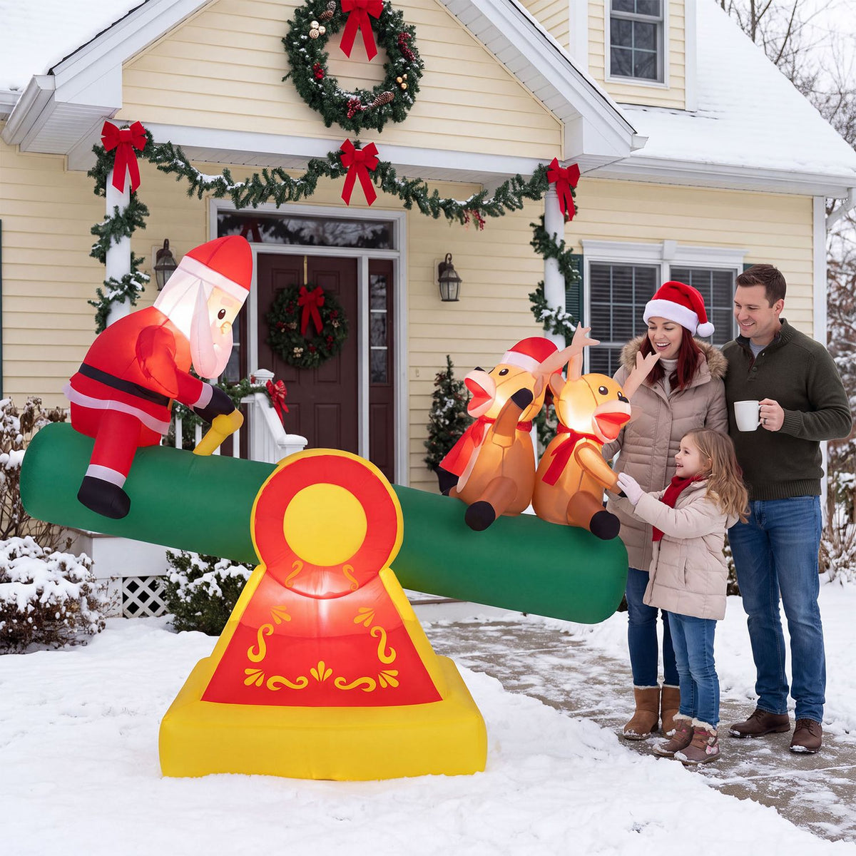 A family stands beside the Santa and reindeer inflatable teeter-totter in front of a decorated home.