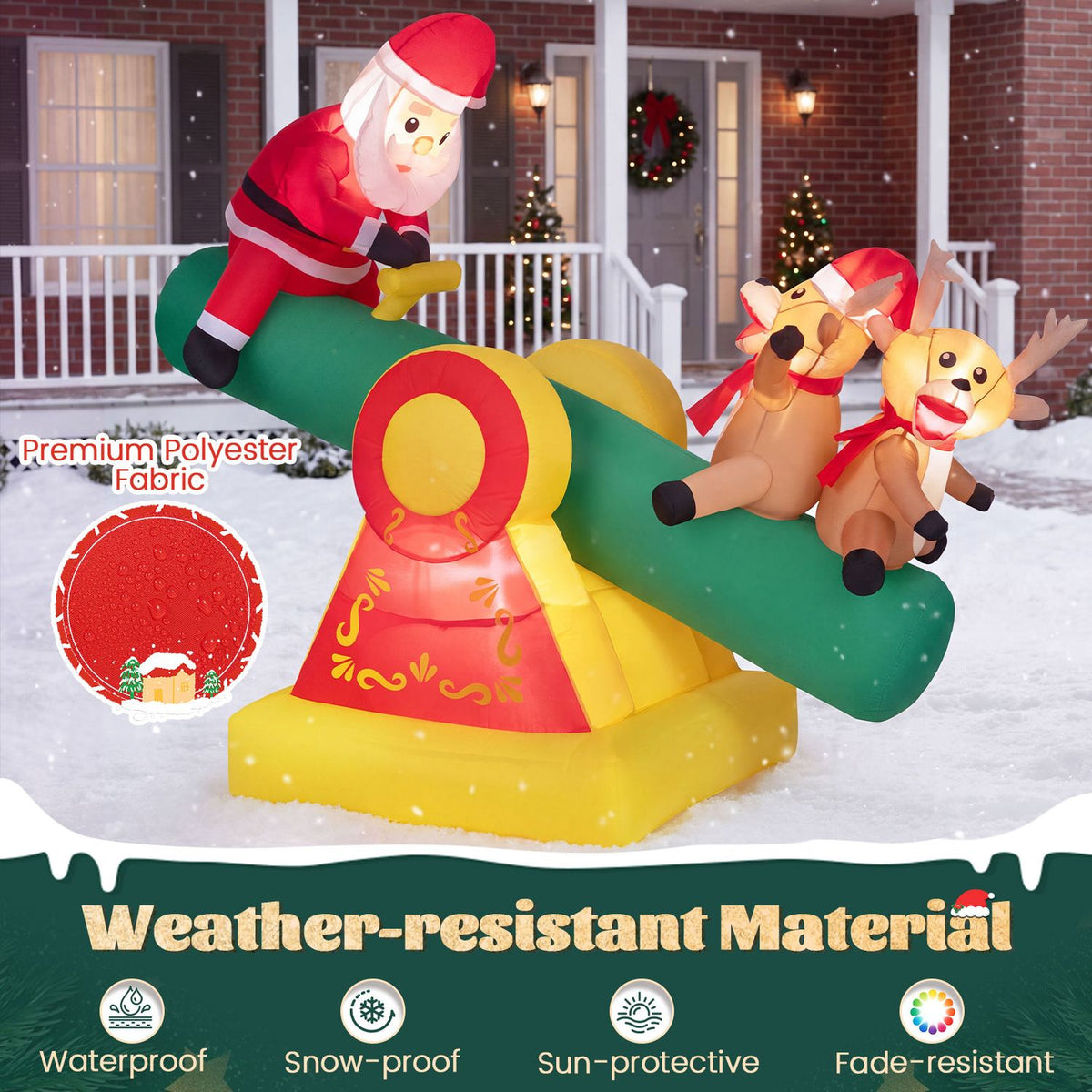 Inflatable Santa and two reindeer on a teeter-totter in a snowy yard, with a fabric swatch inset.