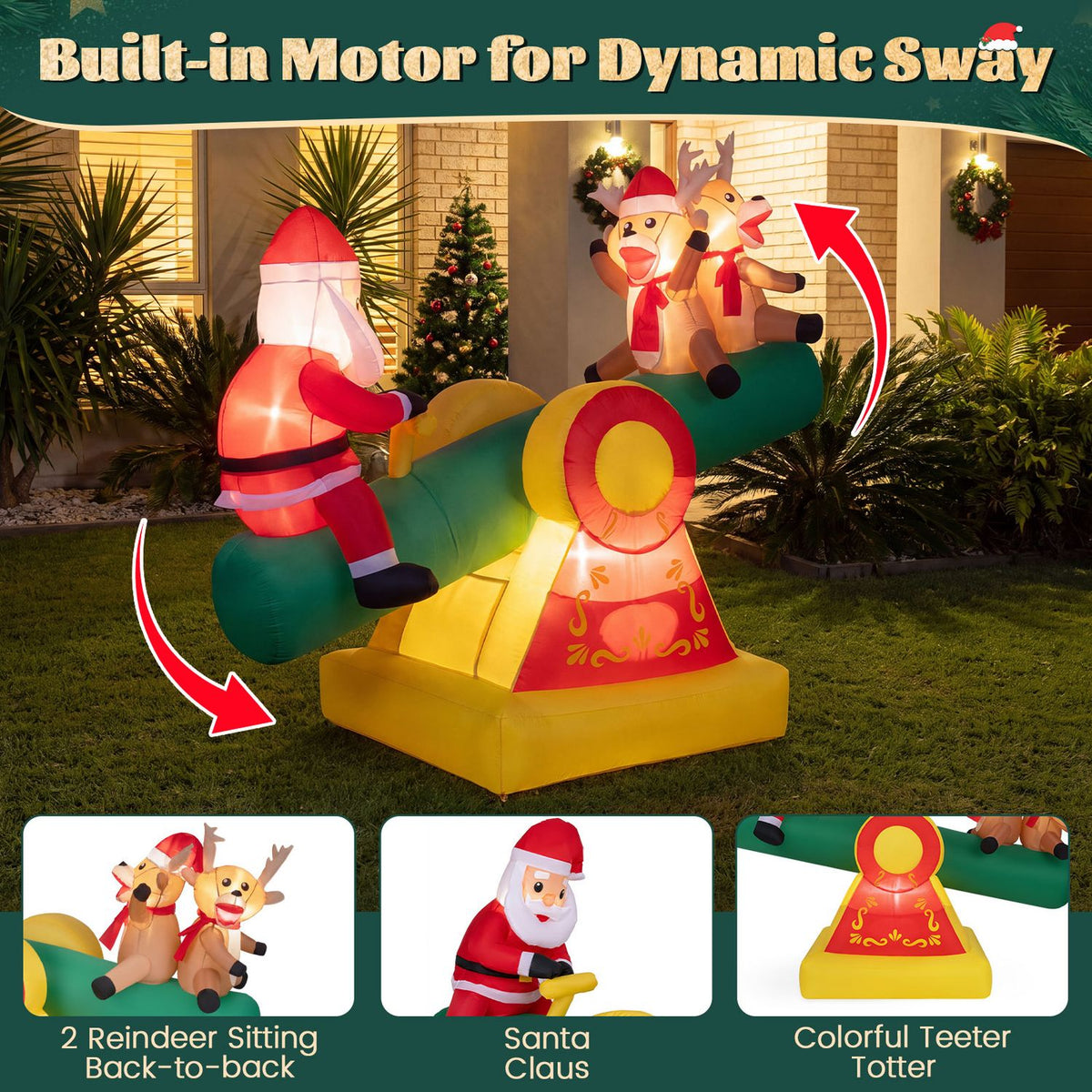 Inflatable Santa and reindeer on a teeter-totter in a yard, with arrows indicating movement and detail insets below.