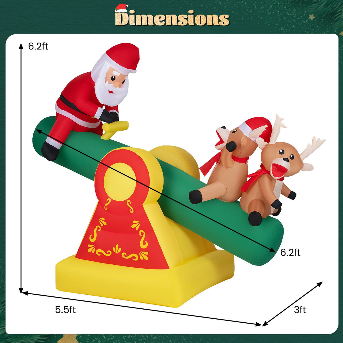 Inflatable Santa and two reindeer on a colorful teeter-totter, shown with measurement arrows.