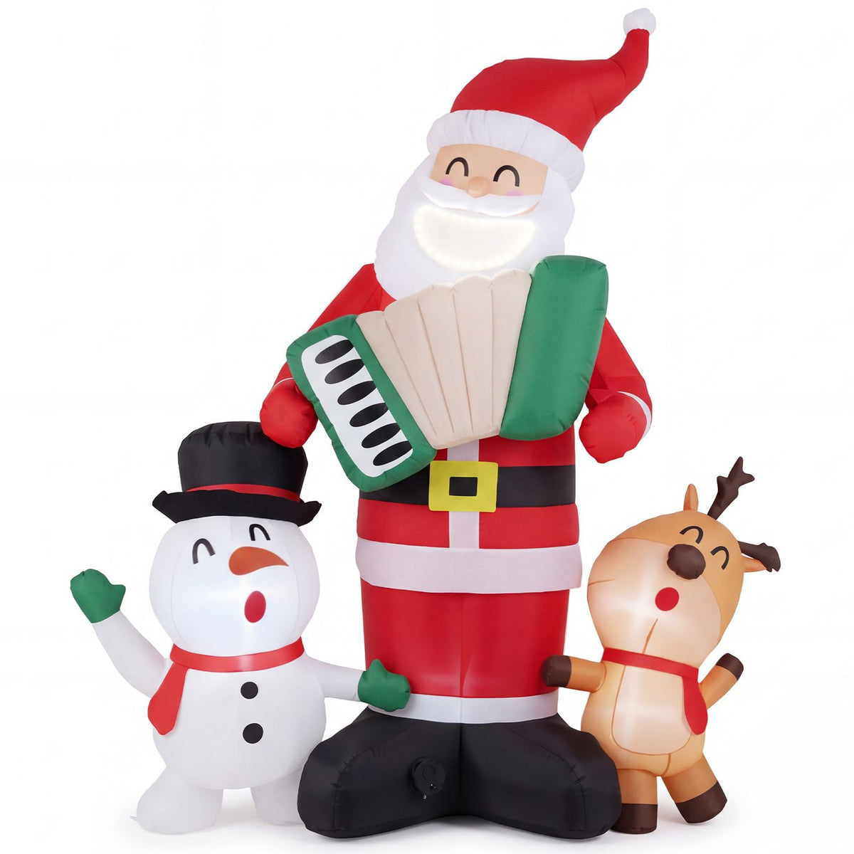 Santa holding an accordion stands between a waving snowman and a smiling reindeer against a white background.