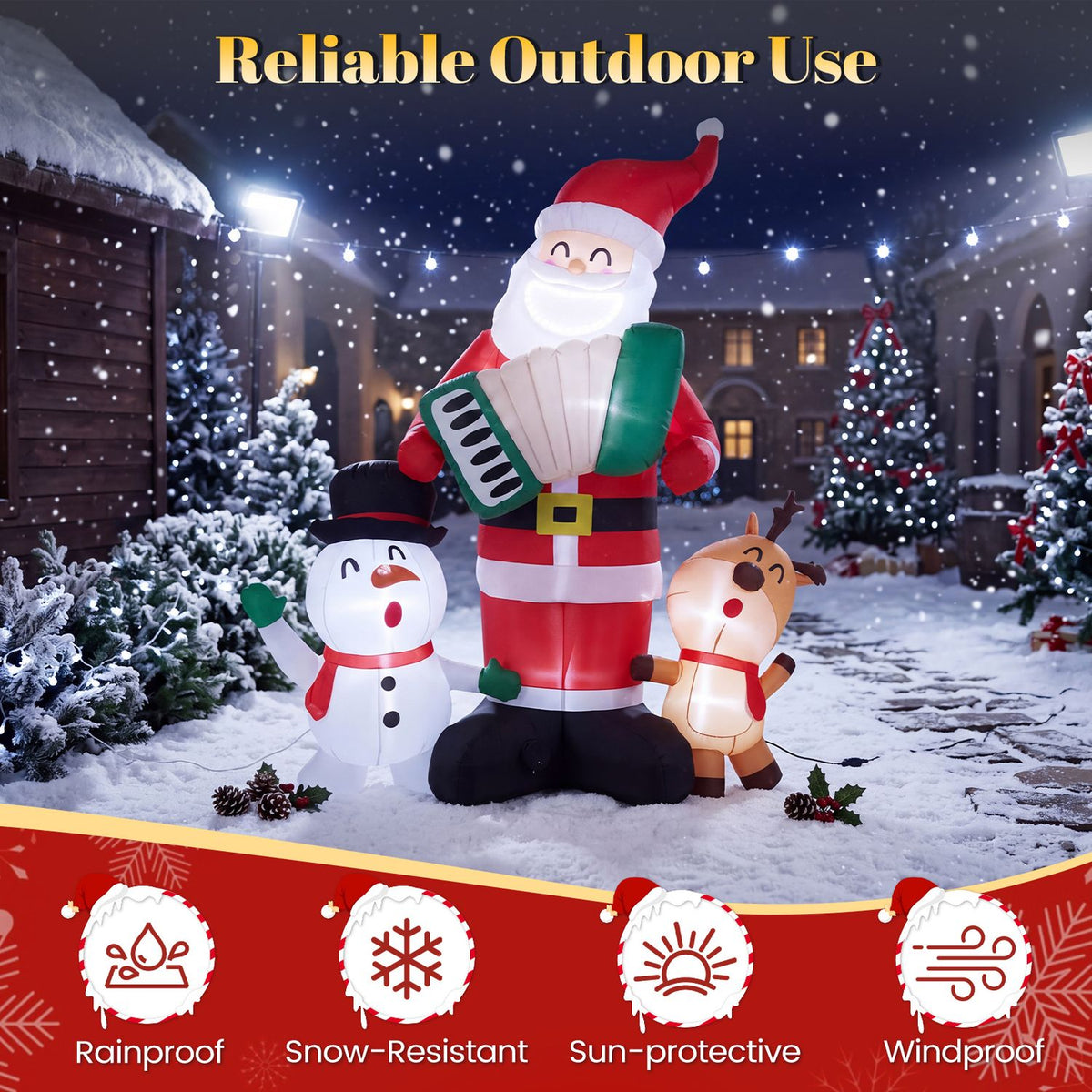 Inflatable Santa playing an accordion stands with a snowman and reindeer in a snowy yard.