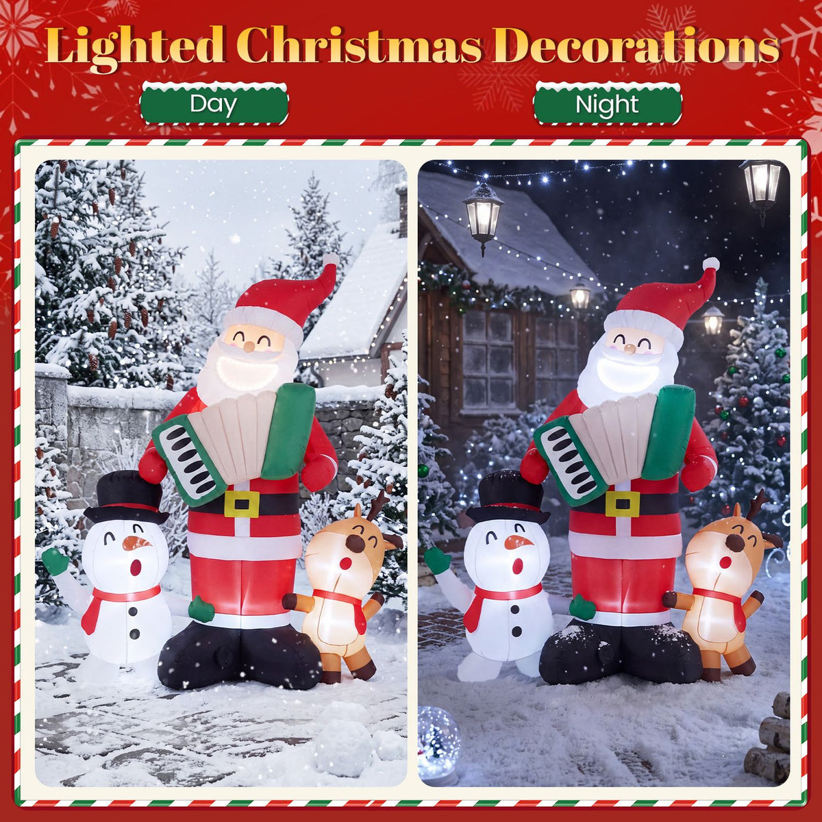 The inflatable Santa, snowman, and reindeer are shown outdoors in daylight and illuminated at night.