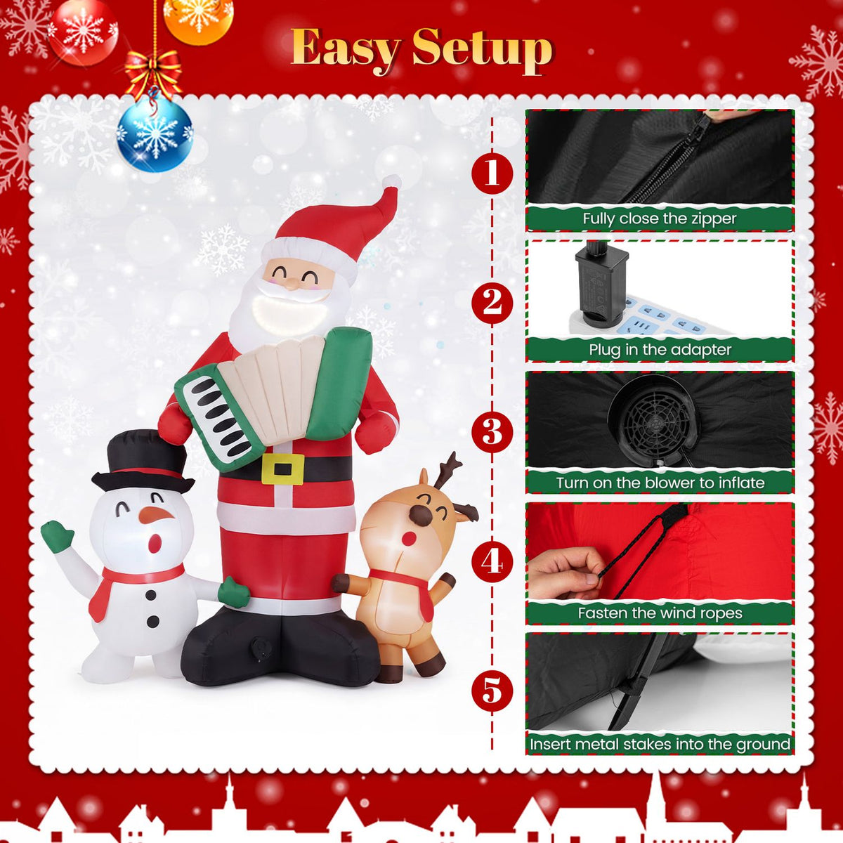The three inflatables are shown beside close-ups of a zipper, power adapter, blower, ropes, and stakes.