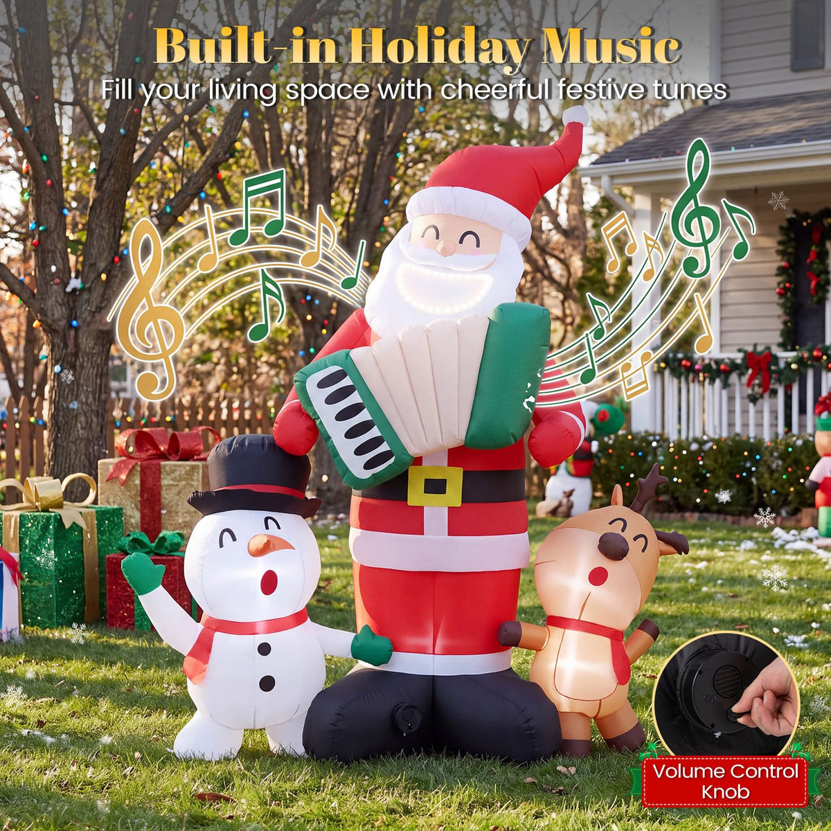 The inflatable Santa, snowman, and reindeer stand on a lawn with musical notes and a close-up of a control knob.