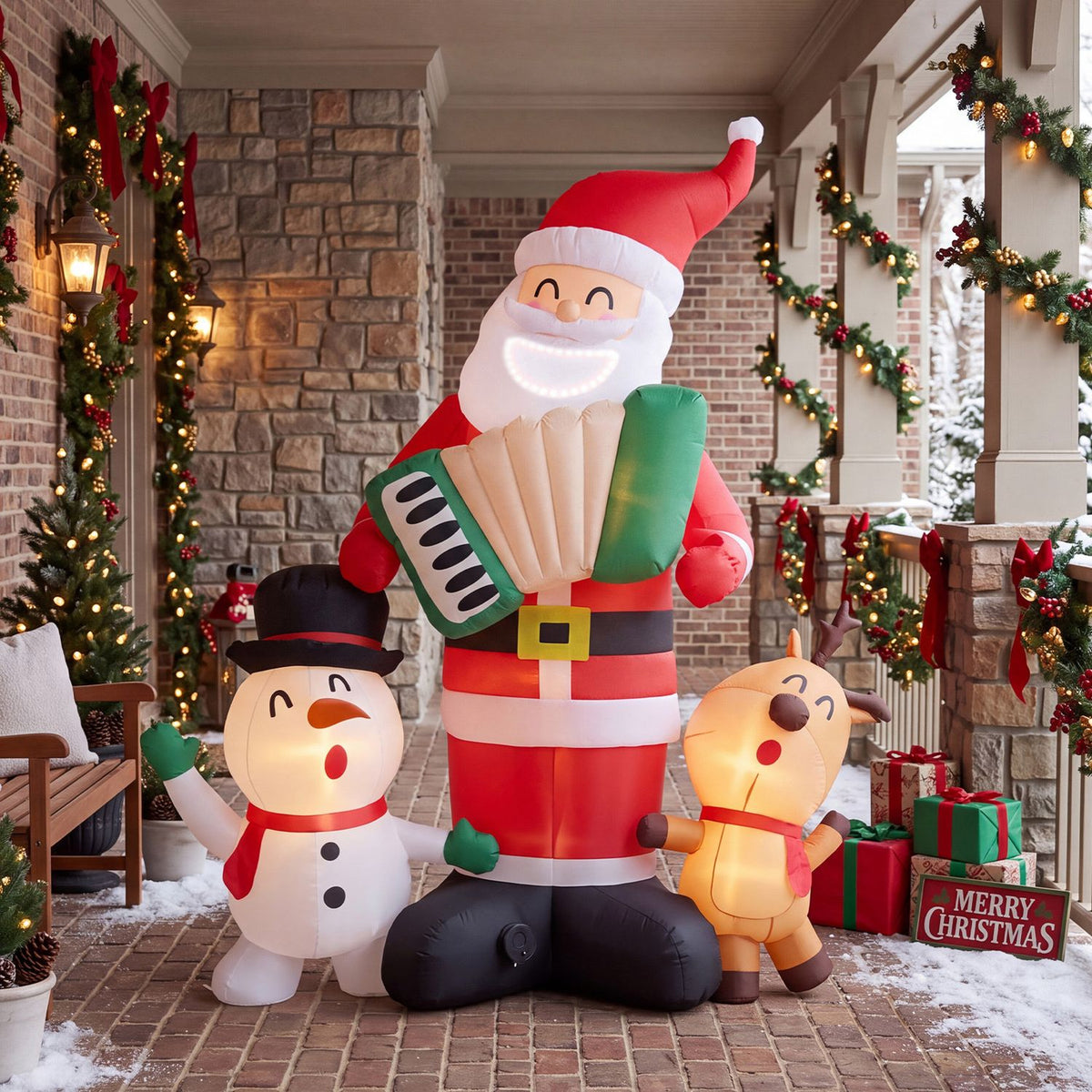 Santa, a snowman and a reindeer stand together on a decorated Christmas porch.