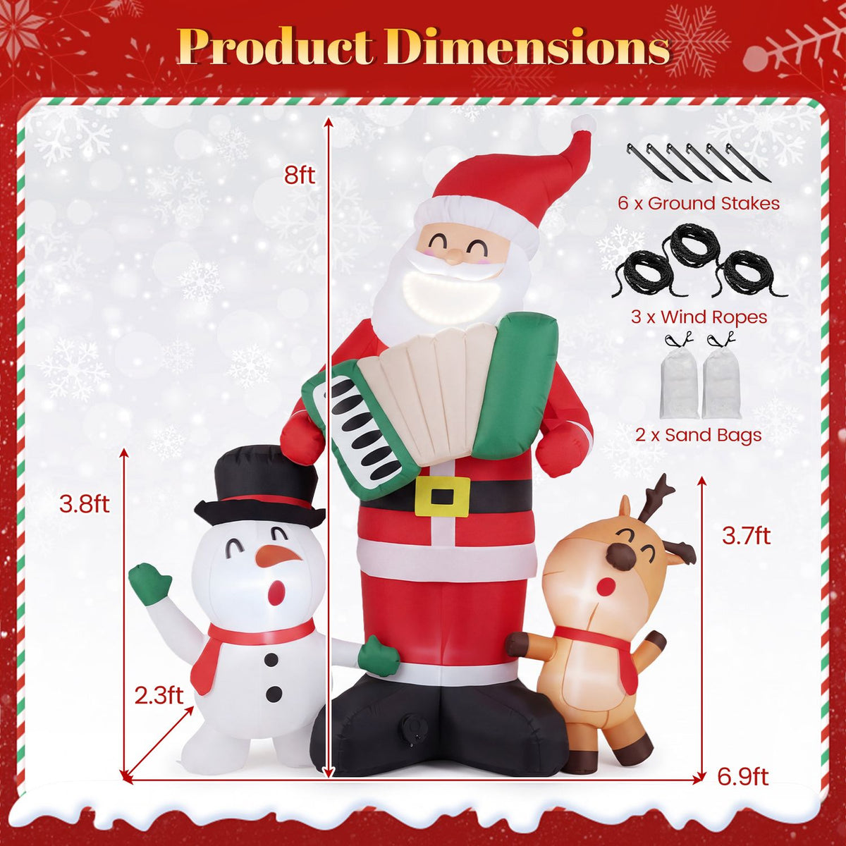 Santa, snowman and reindeer inflatables are shown with measurement arrows, stakes, ropes and sandbags.