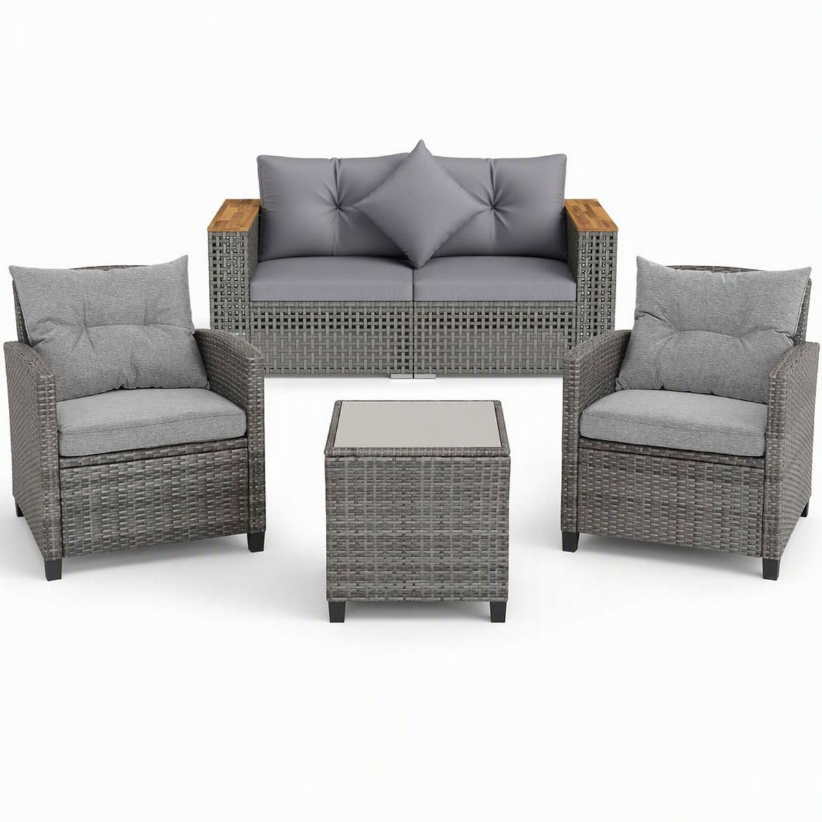 Gray woven sofa set with matching armchairs and a glass-top table against a white background.
