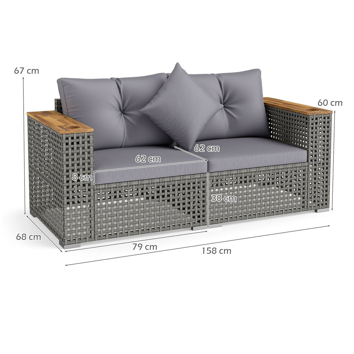 Gray woven outdoor loveseat with cushions and wood-look armrests shown with measurement lines.