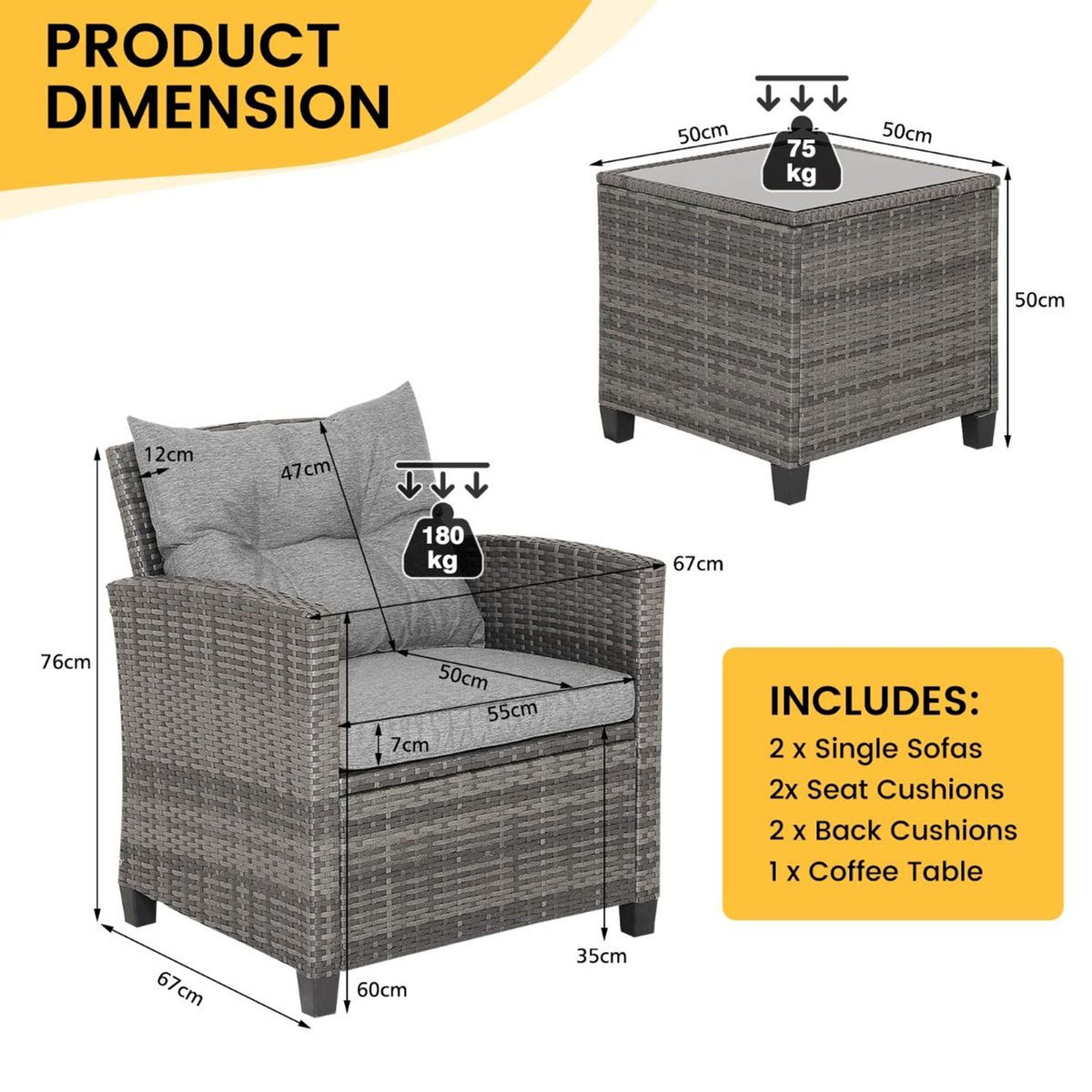 Illustrated measurements and load symbols shown beside a woven armchair and square coffee table.
