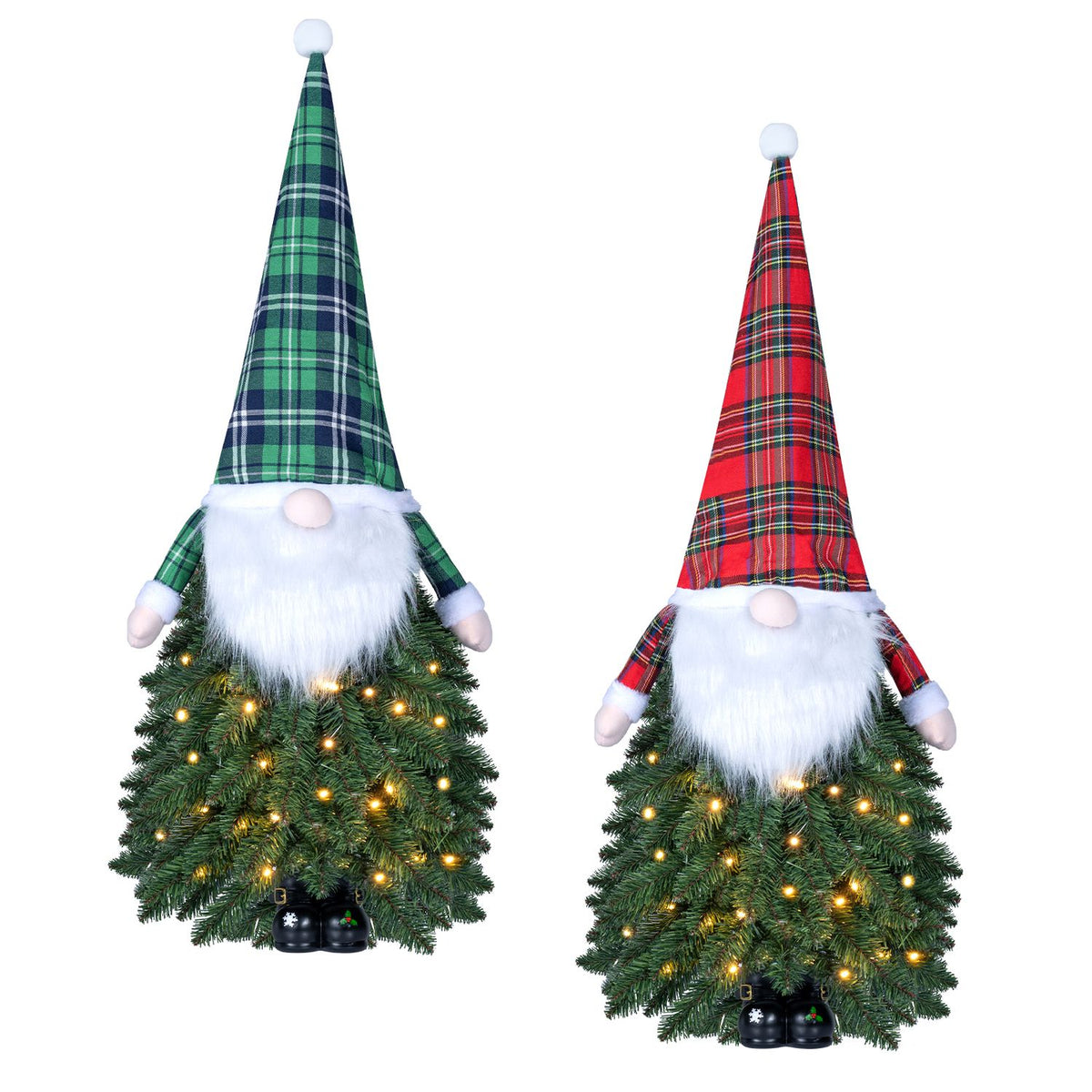 Green and red plaid-hat gnome trees are shown side by side with their warm lights glowing.