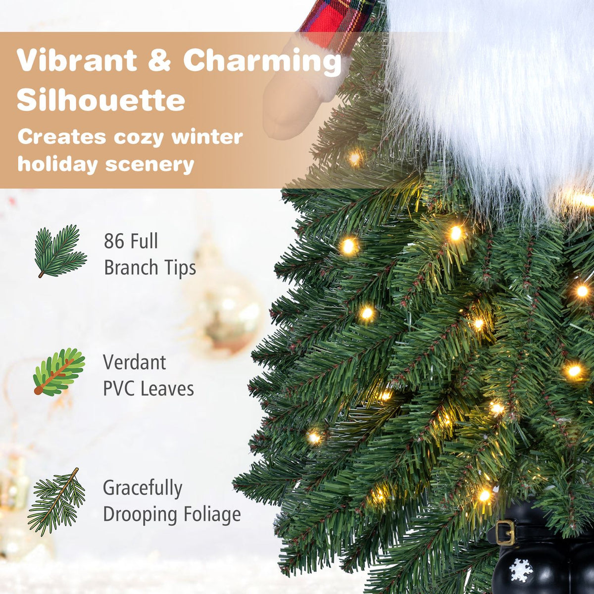 Close-up of the tree’s green branches, glowing lights, white beard, and black base.