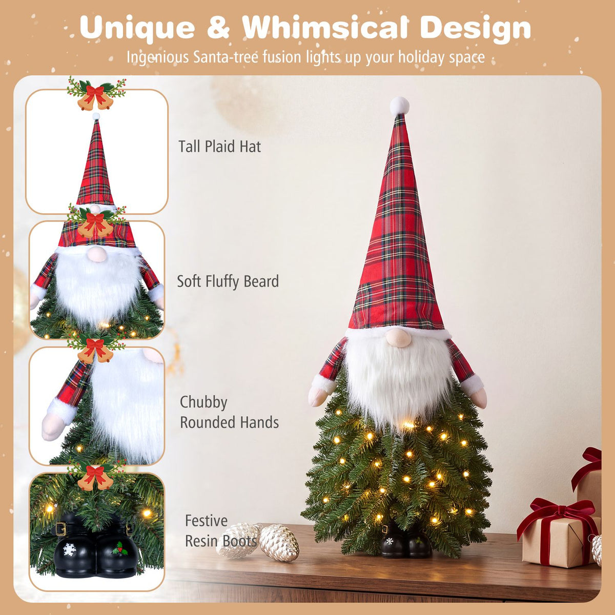 A lit tabletop Christmas tree dressed as a gnome, with a tall plaid hat, fluffy beard, and dark boots.