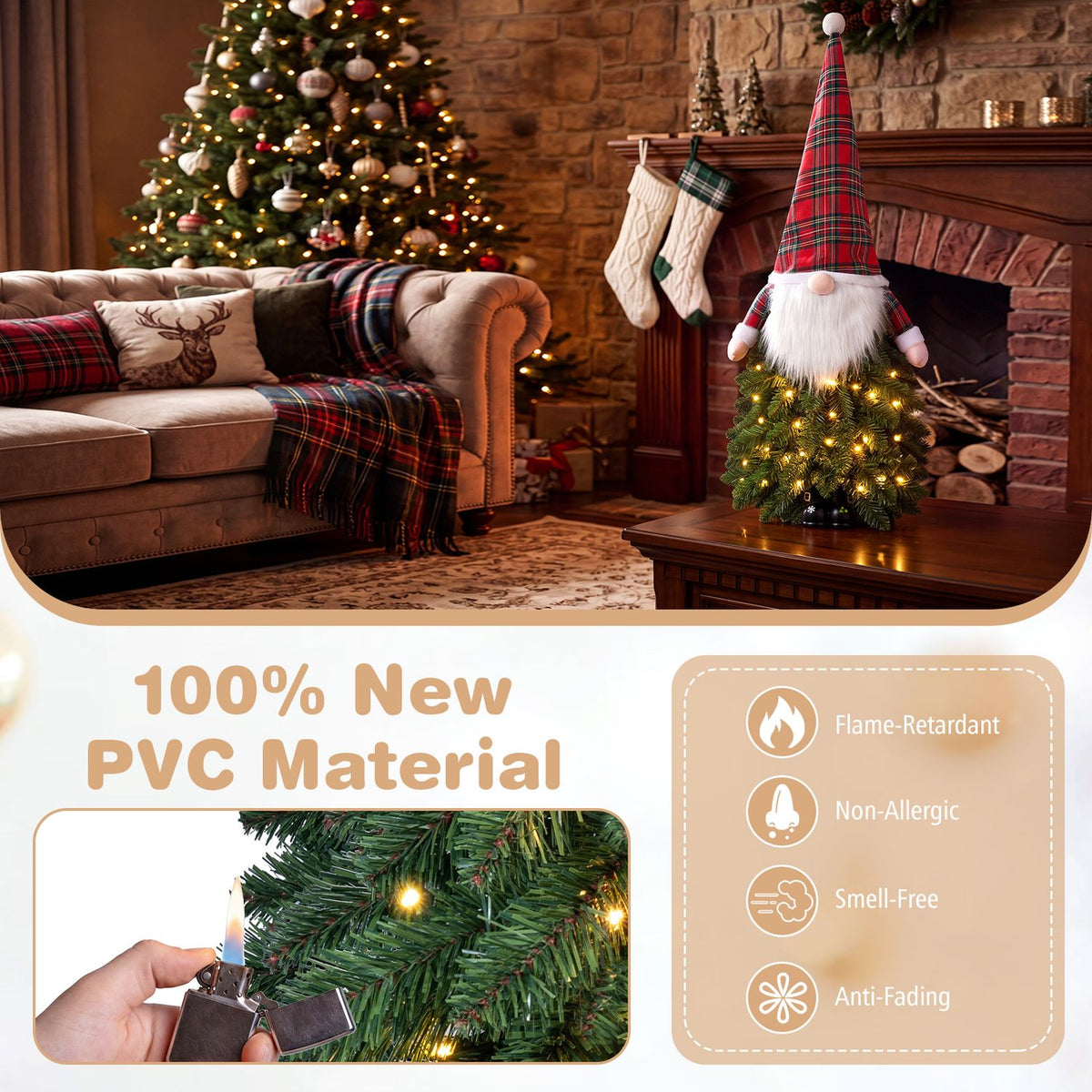The lit gnome tree stands beside a fireplace; an inset shows a hand touching one of its branches.