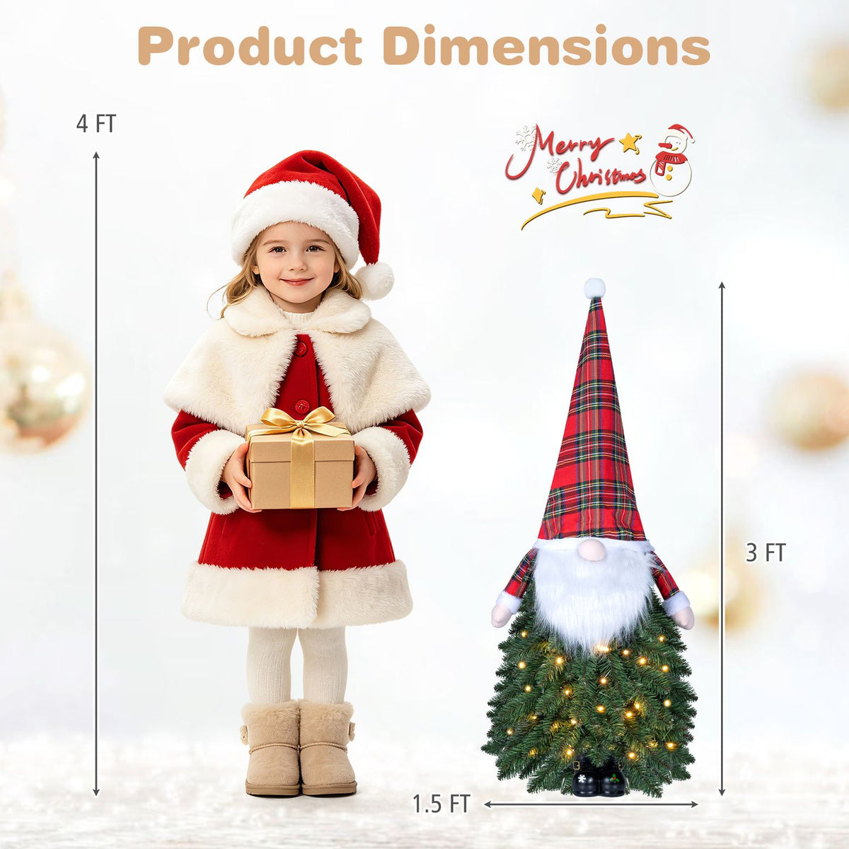 A red plaid-hat gnome tree stands beside a child dressed in a Santa outfit.