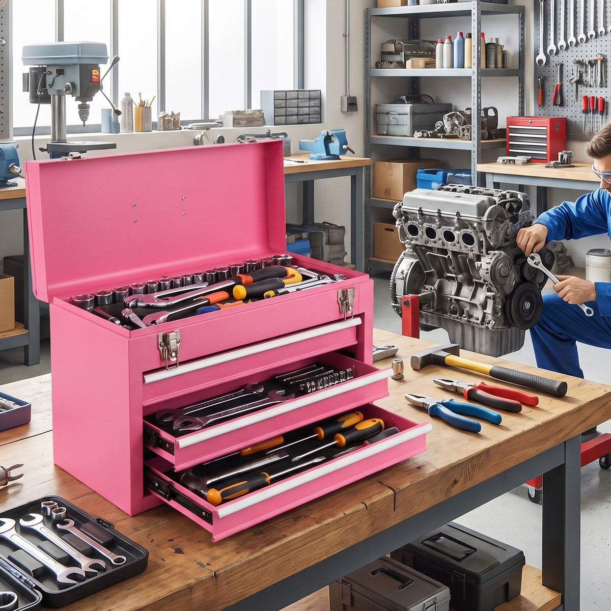 Portable Garage Mechanic Tool Cabinet Box with 3 Drawers