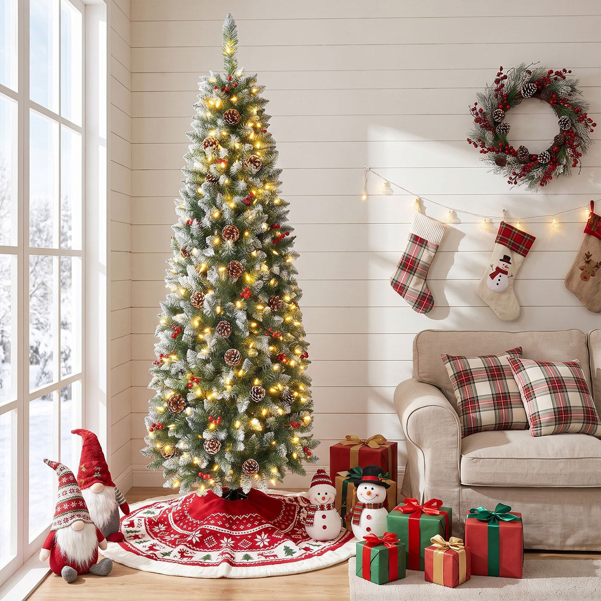 Frosted pencil tree glowing beside a beige sofa, with red-and-green gifts and holiday decorations.