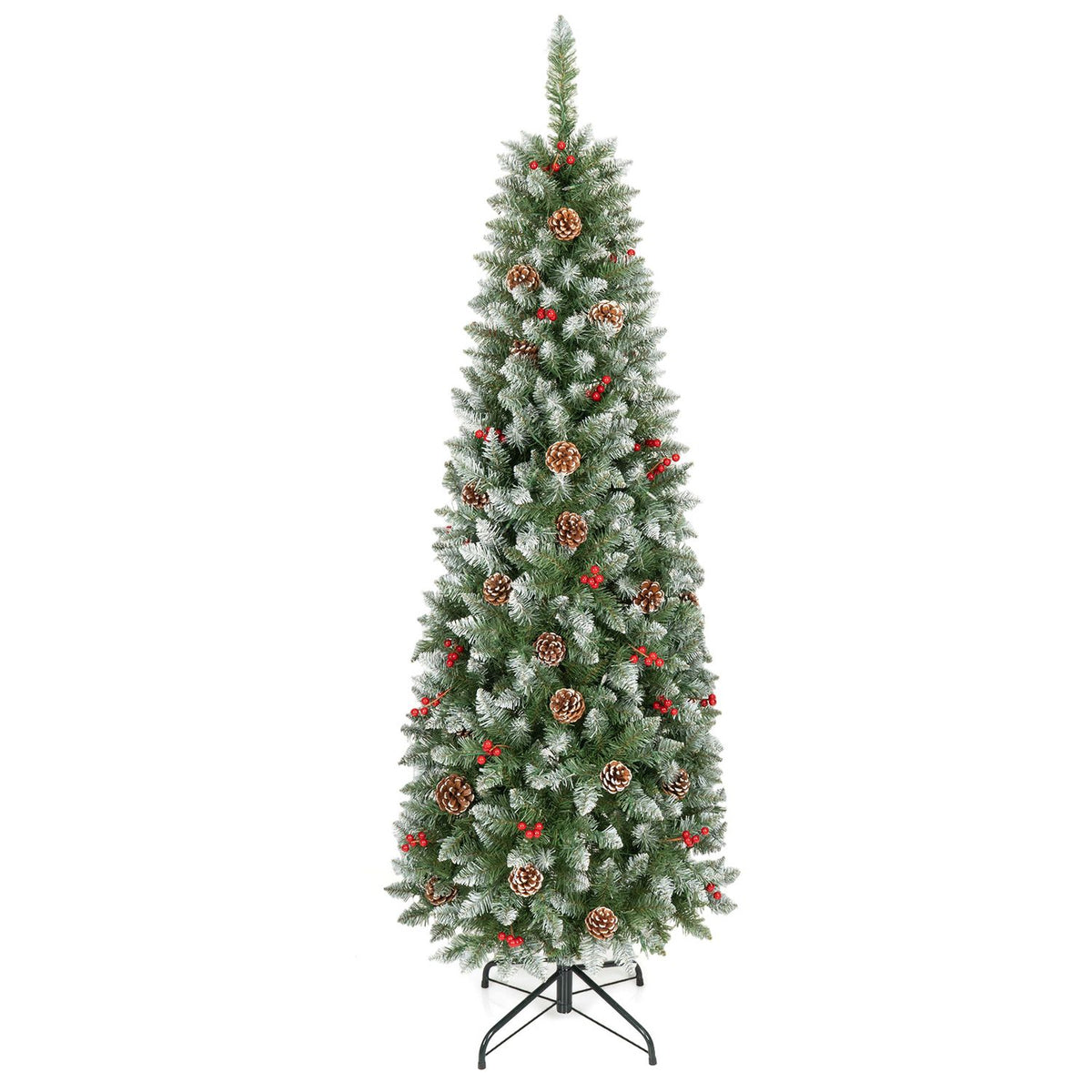 Unlit frosted pencil tree with pine cones and red berries on a black metal stand against white.