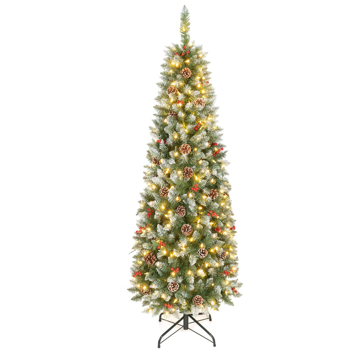 Frosted pencil tree with warm lights glowing among pine cones and red berries on a black stand.