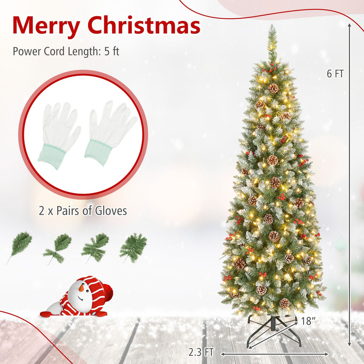Lit frosted tree beside a height arrow, with gloves and small branch details pictured at left.