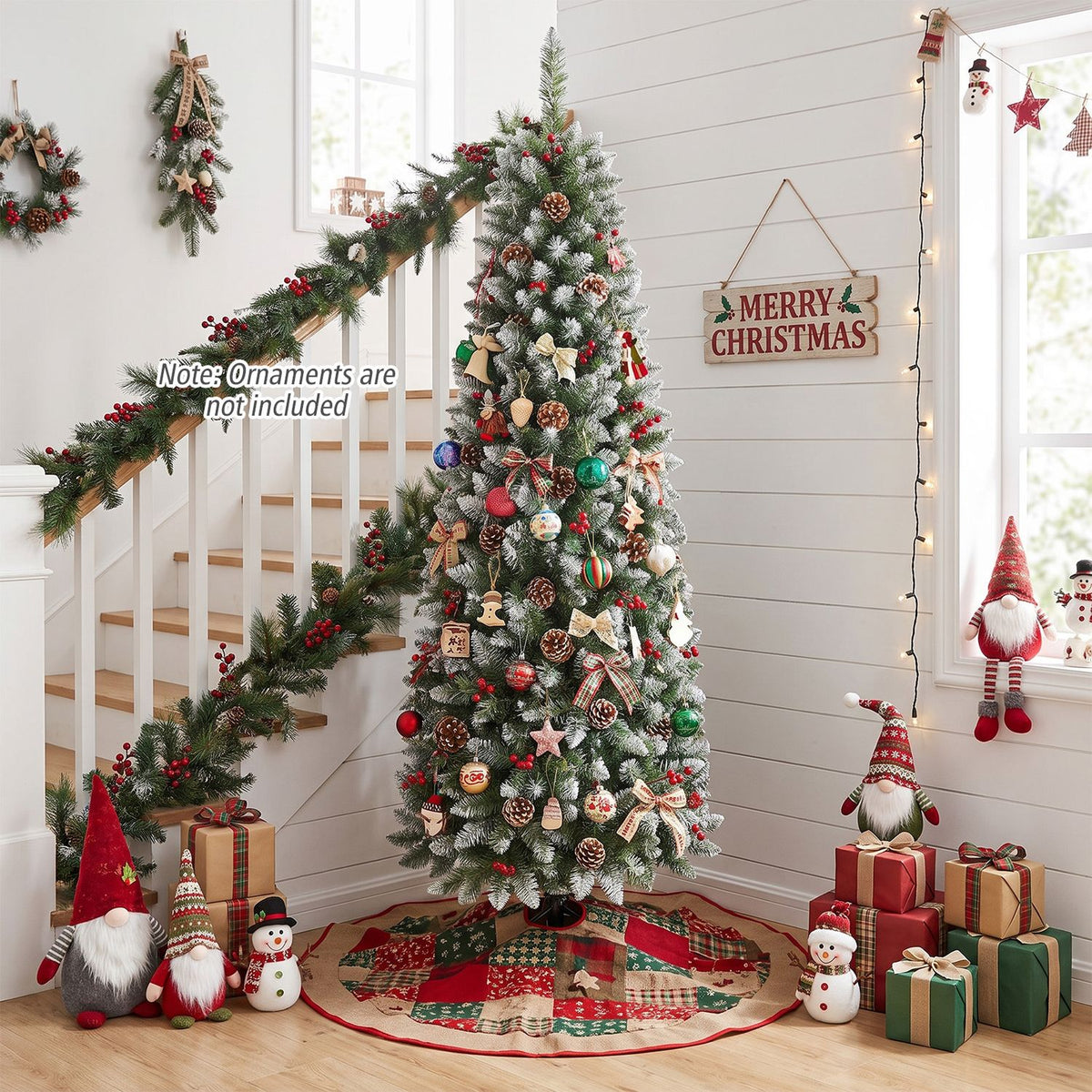 Frosted Christmas tree decorated with pine cones and red ornaments in a bright room by a staircase.