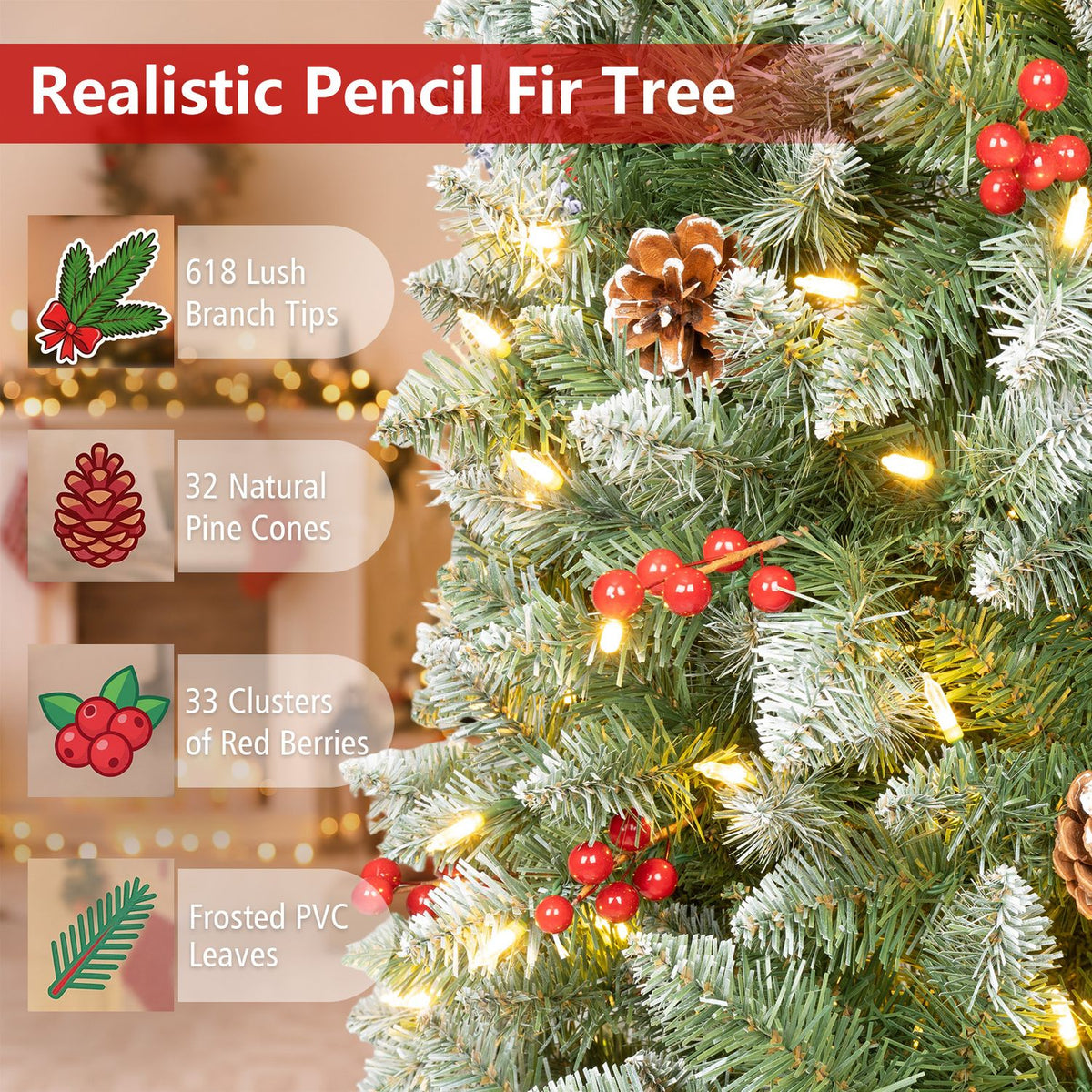 Close-up of frosted fir branches with glowing lights, pine cones, and clusters of red berries.