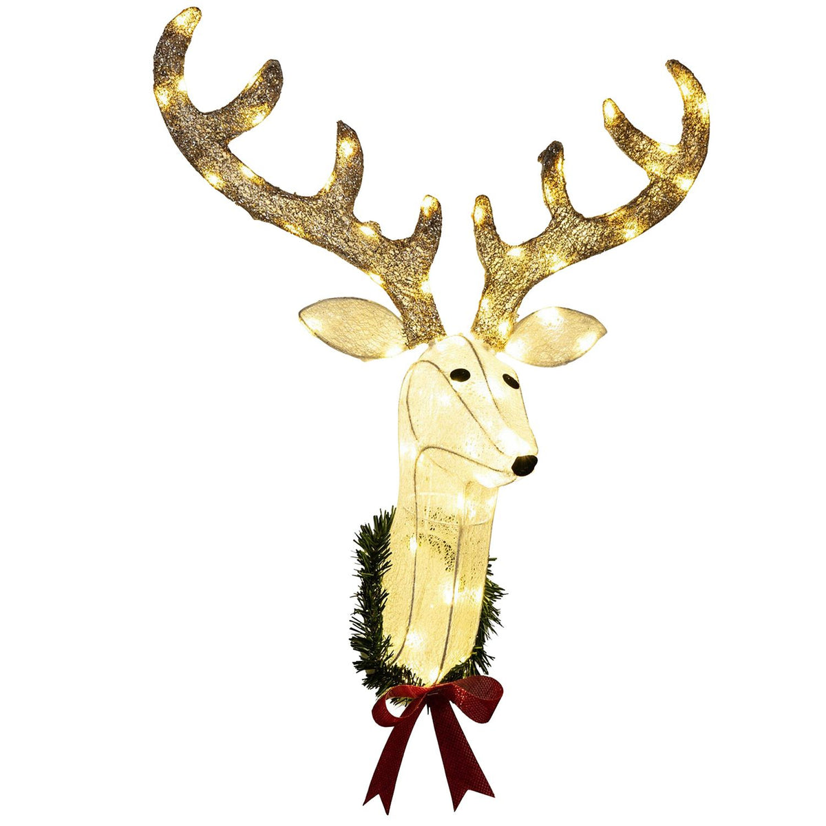 Close-up of the reindeer wreath's glowing face, glittery antlers, evergreen trim, and red bow.