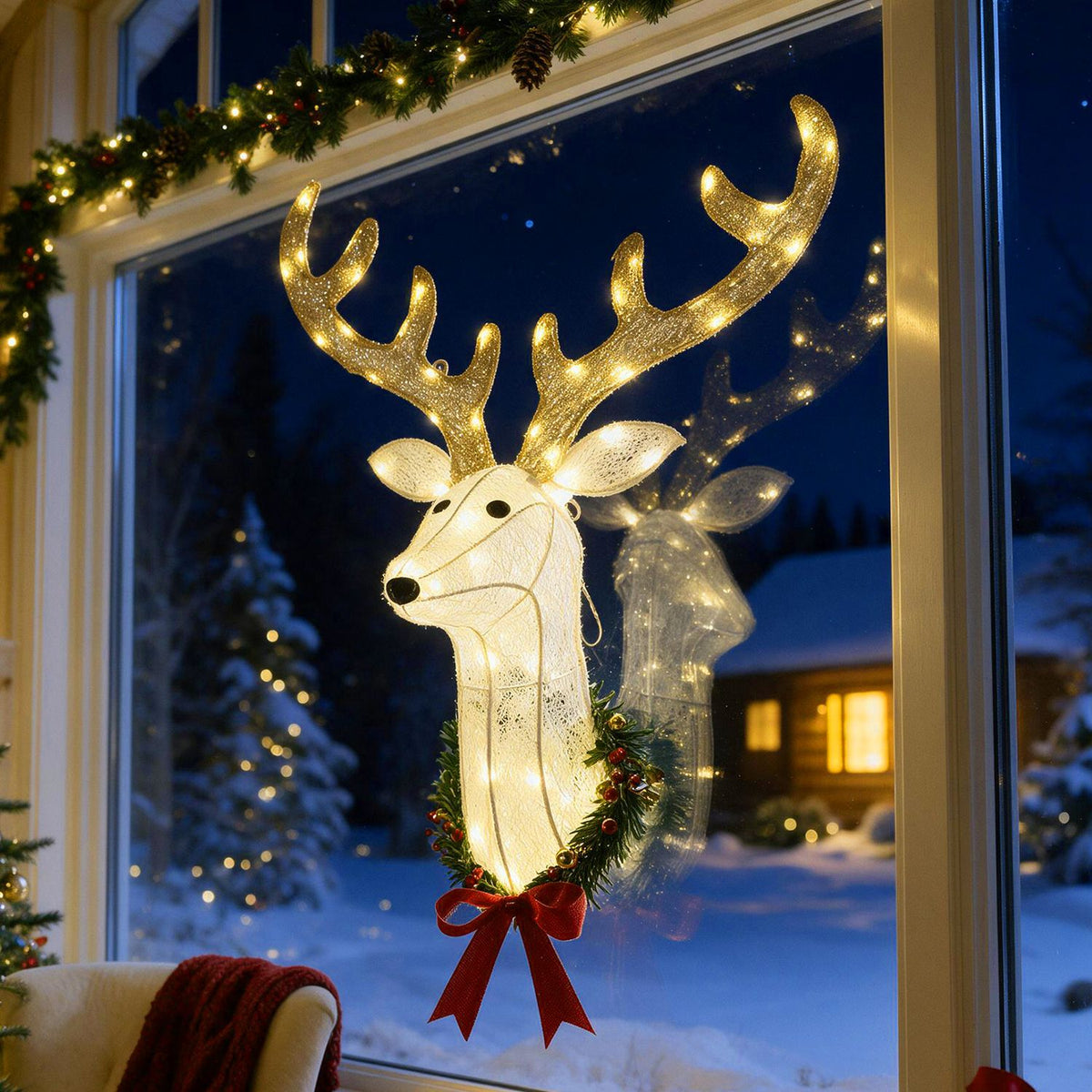 Illuminated reindeer wreath with glowing antlers hanging in a window at night.