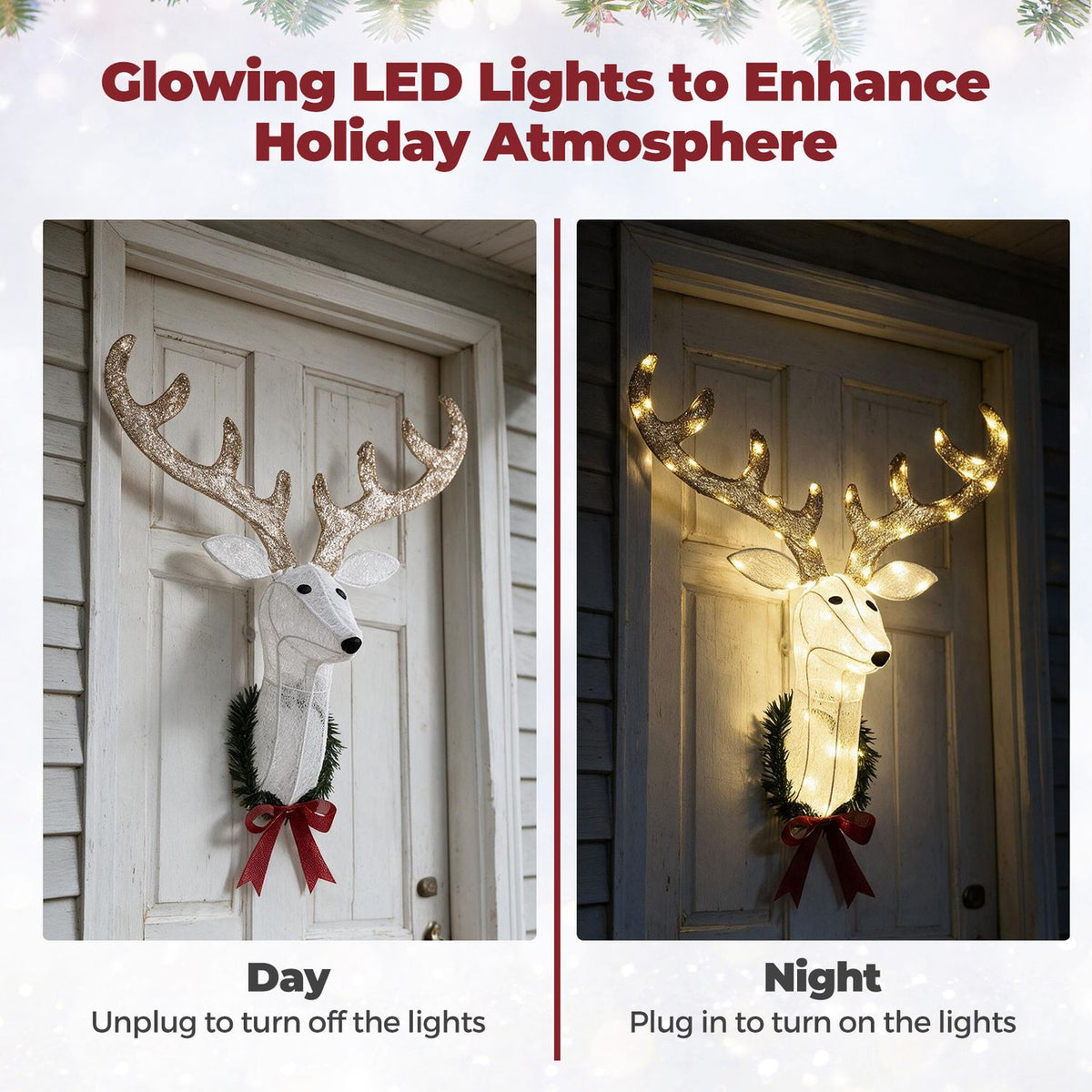 Reindeer wreath shown unlit on a door in daylight and glowing on the door at night.