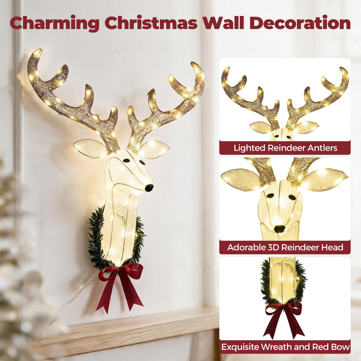 Glowing reindeer wreath on a wall, with close-ups of its antlers, face, greenery, and red bow.