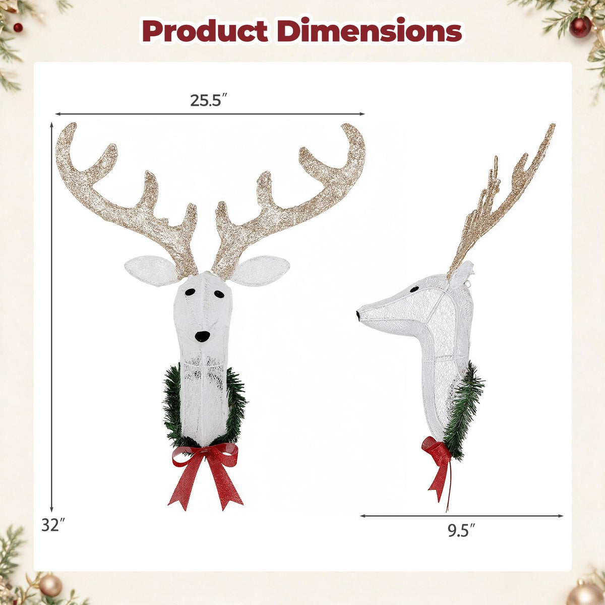 Front and side views of a glittering reindeer wreath with greenery and a red bow.