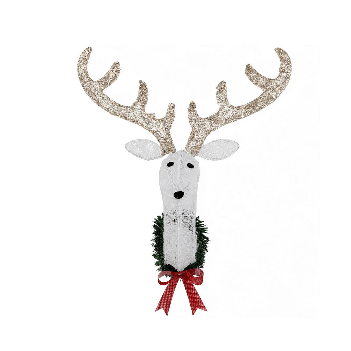 Reindeer head wreath on a white background, with glittery antlers, green trim, and a red bow.