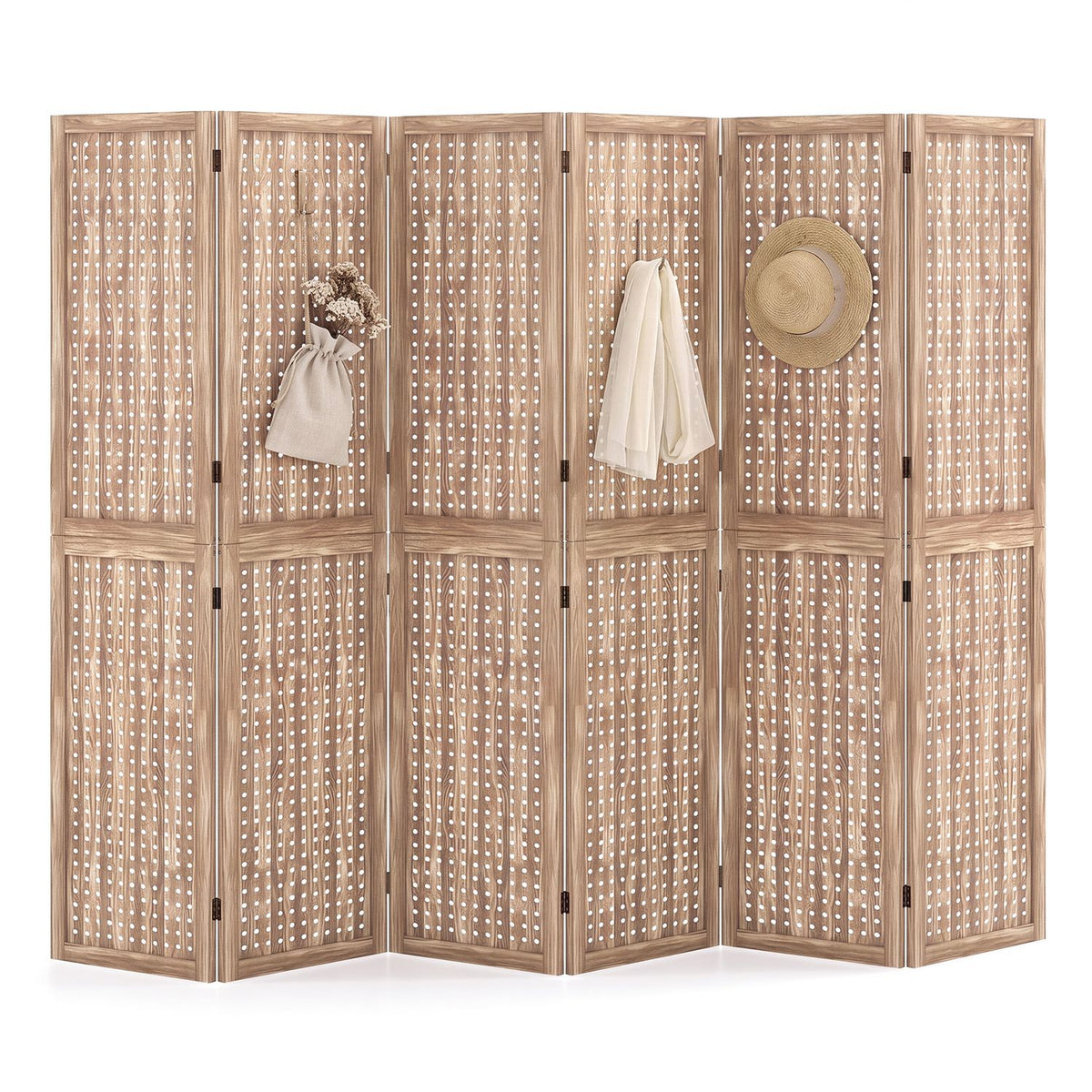 Folding wooden divider shown against a white background, with a hat and fabric items hanging on its panels.