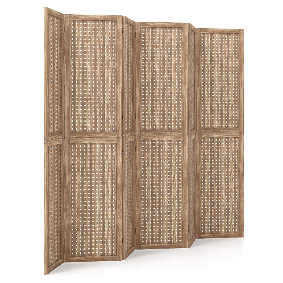 Unadorned wooden pegboard divider folded into a zigzag shape against a white background.