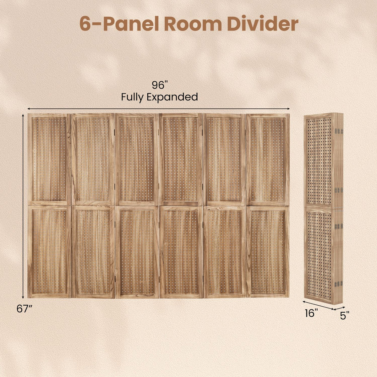 Six-panel wooden divider shown fully open and folded, with dimension arrows around both views.