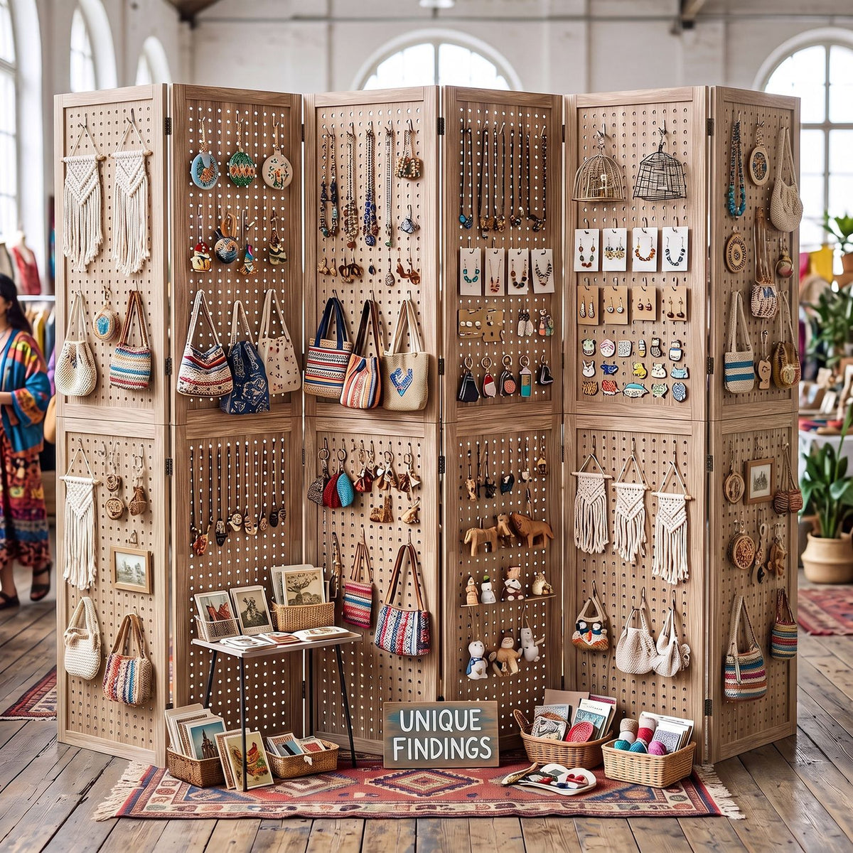 Open wooden pegboard divider arranged as a shop display with bags, jewelry, baskets, and small accessories.