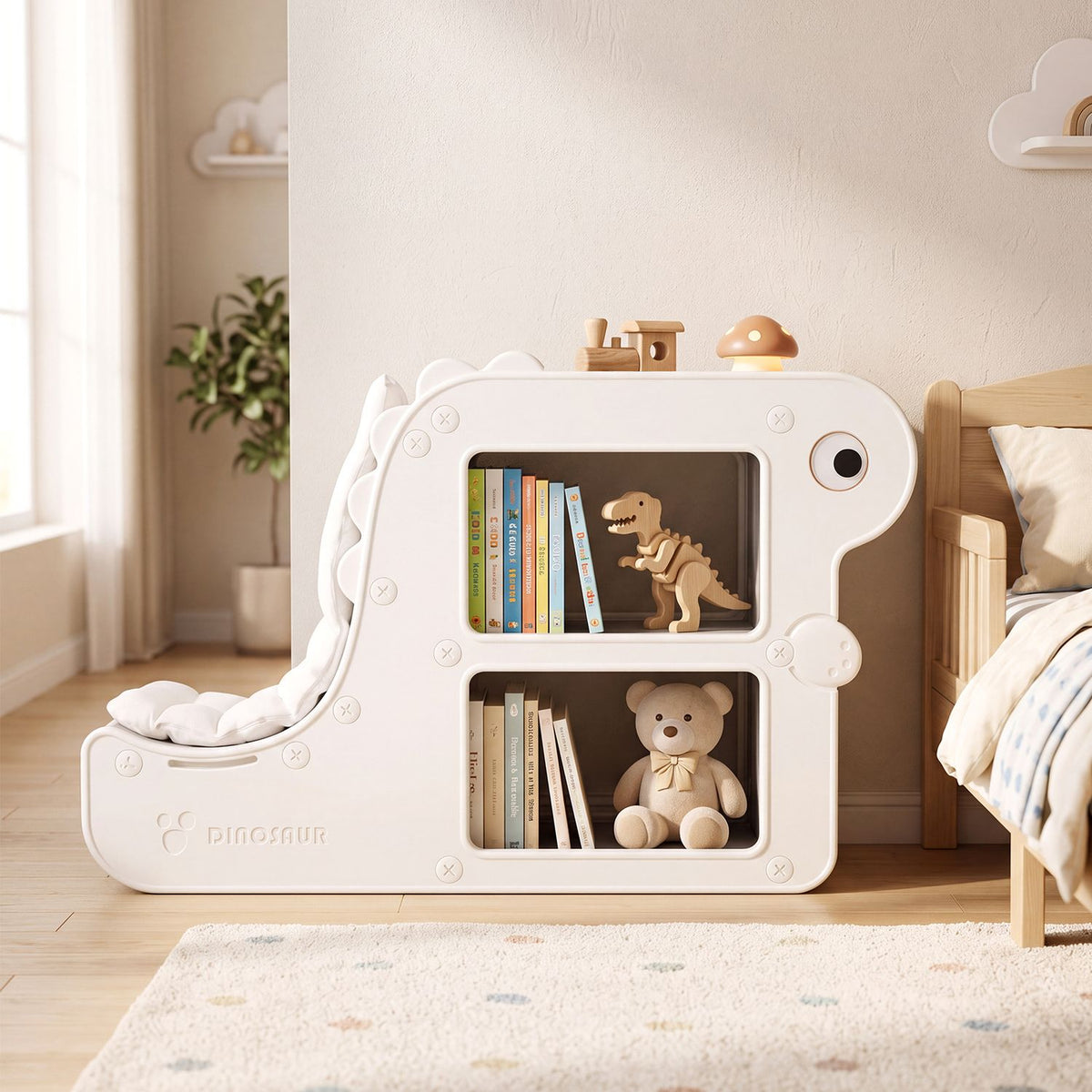 A white bookshelf seat with two open cubbies holding books and toys, shown beside a child’s bed.