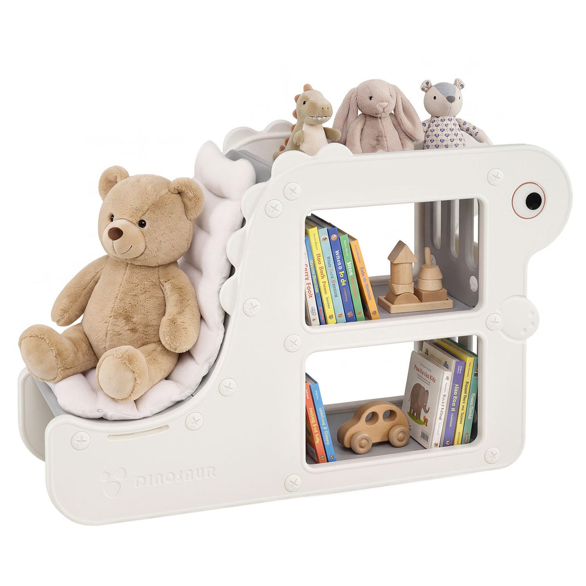 A white two-cubby bookshelf seat with a padded back and teddy bear, books, and toys against a plain background.