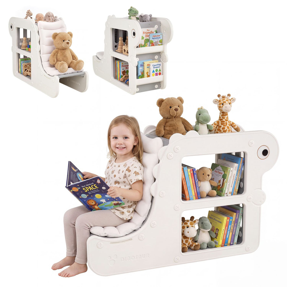 A child sits on the cushioned bookshelf seat as books and plush toys fill its cubbies; two smaller views appear above.